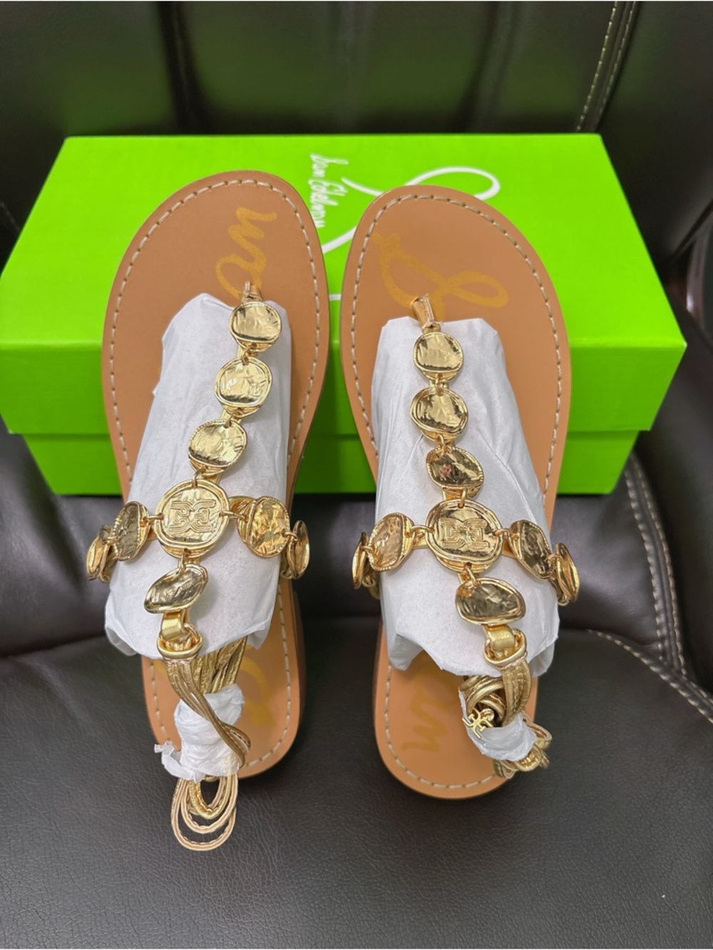 Sam Edelman Deirdre Gold-Embellished Tan Leather Thong Sandals